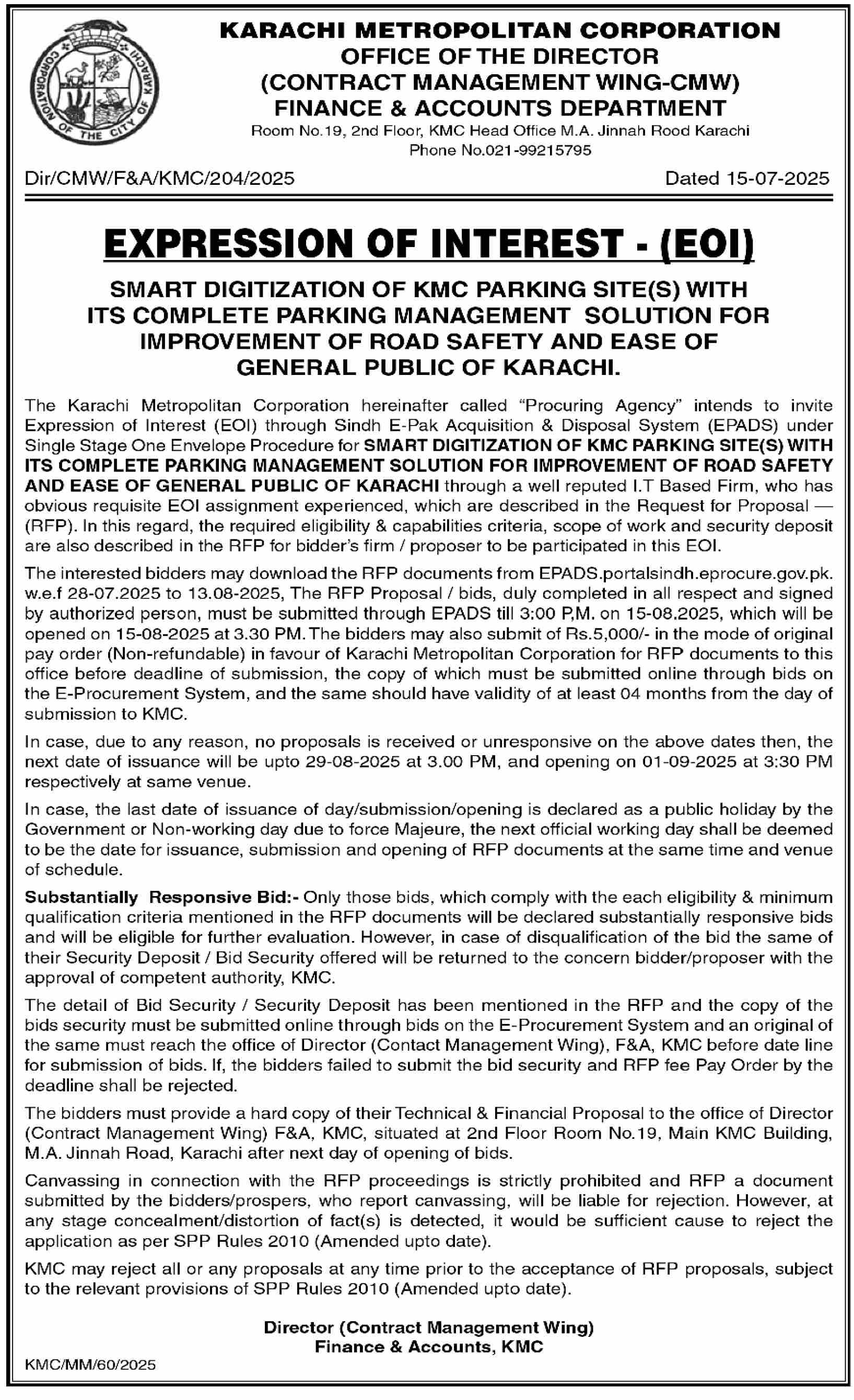 Karachi Metropolitan Corporation Tender Notice